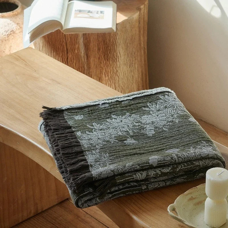 Vintage Artistic Style Pure Cotton Yarn Dyed Jacquard Tassel Throw Blanket Skin Friendly Car Office Single Nap Sofa Thin Blanket
