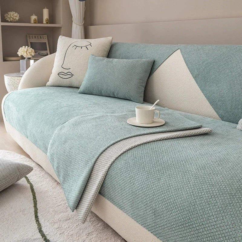 1pc Bohemian-Style Solid Color Small Diamond Chenille Non-Slip Sofa Cover,Two-Tone Splice Design,Ideal for Bedroom,Living Room
