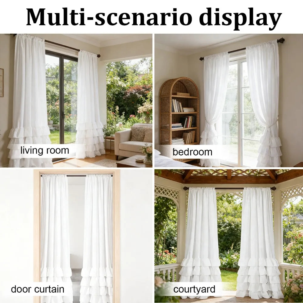 2pcs Romantic Pastoral Multi-Layer Ruffled Half-Blackout Outdoor Curtains,with Top Rod Pocket,Suitable ForDoor Curtains,Bedrooms