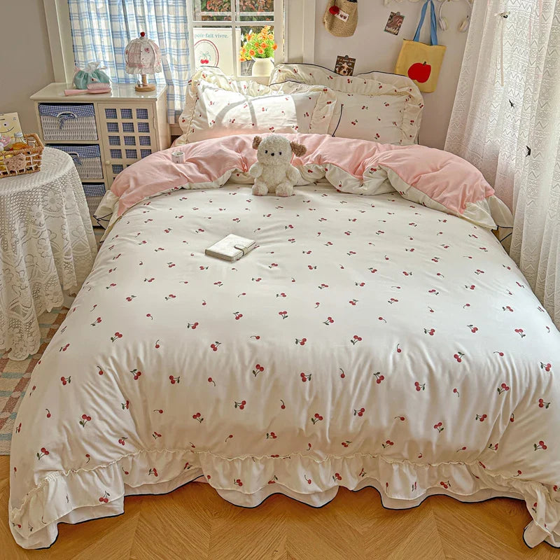 Princess Style Cartoon Floral Ruffles Bedding Set Washed Cotton Duvet Cover Bed Sheet Pillowcases Single Full Queen Size 3/4Pcs
