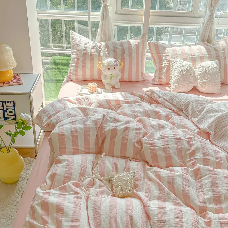 Japanese Ins Stripe Bedding Set Simple Two-Tone Contrast Sheet Kit with Quilt Cover Comfort Bed Decoration for Student Dorm