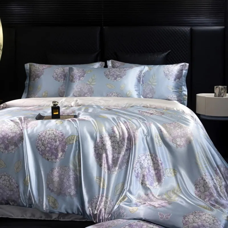 4pcs printed luxury high-end silk bedding set soft satin single double duvet cover pillowcase flat sheet or fitted sheet set