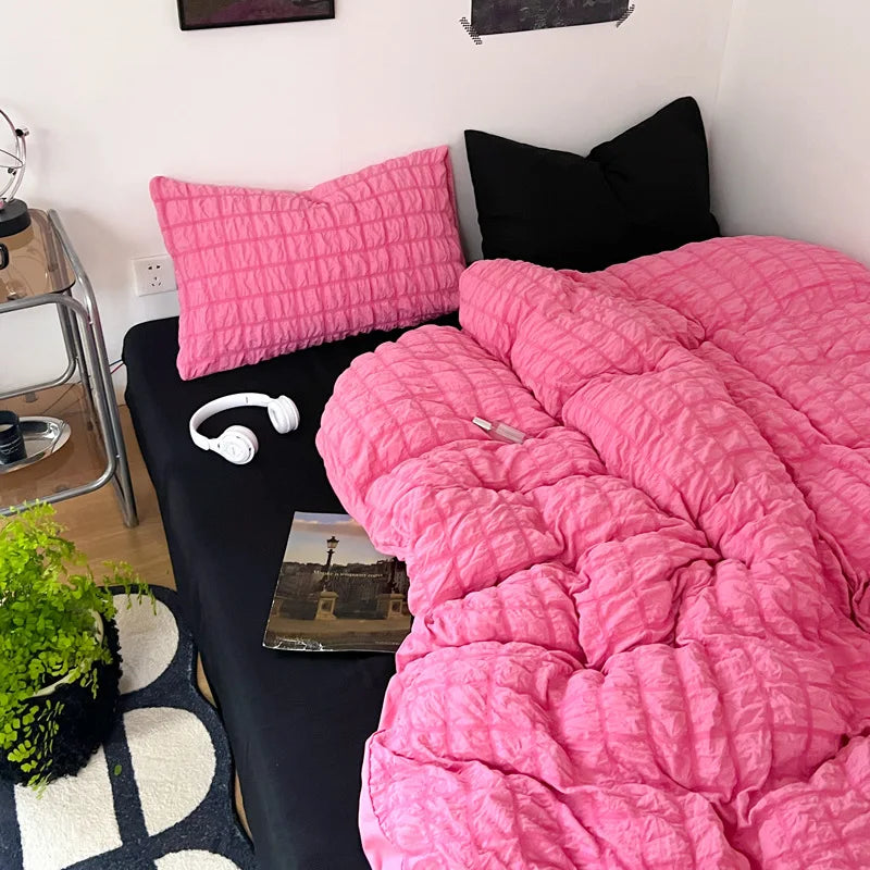 Simple Two-Tone Seersucker Bedding Set Super Soft Skin-Friendly Sheet Kit with Quilt Cover Nordic Solid Breathable Home Textile
