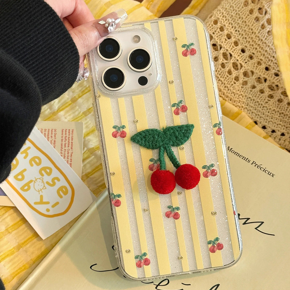 Korean Striped Glitter 3D Cherry Soft Phone Case With Lanyard For iPhone 16 15 14 12 13 11 Pro Max Shockproof Protective Cover