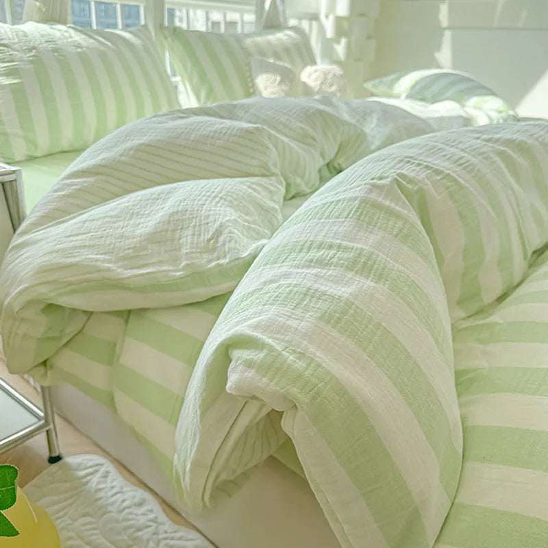Japanese Ins Stripe Bedding Set Simple Two-Tone Contrast Sheet Kit with Quilt Cover Comfort Bed Decoration for Student Dorm