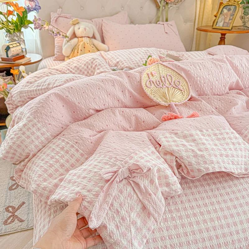 3/4Pcs Bedding Set Plaid Polka Dot Cotton Bedding Princess-Style For Home Double Bed Duvet Cover Bed Sheets With Pillowcase