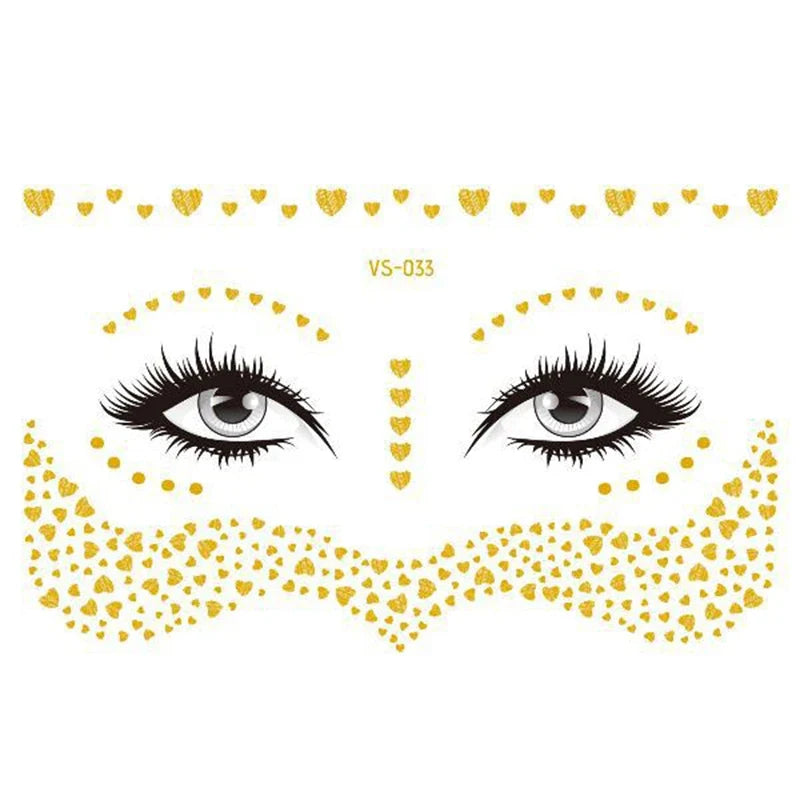 Glitter Stickers Face Tattoo Flash Gold Temporary Metalic Tattoos Waterproof Makeup Decals for Girls Party Music Festival
