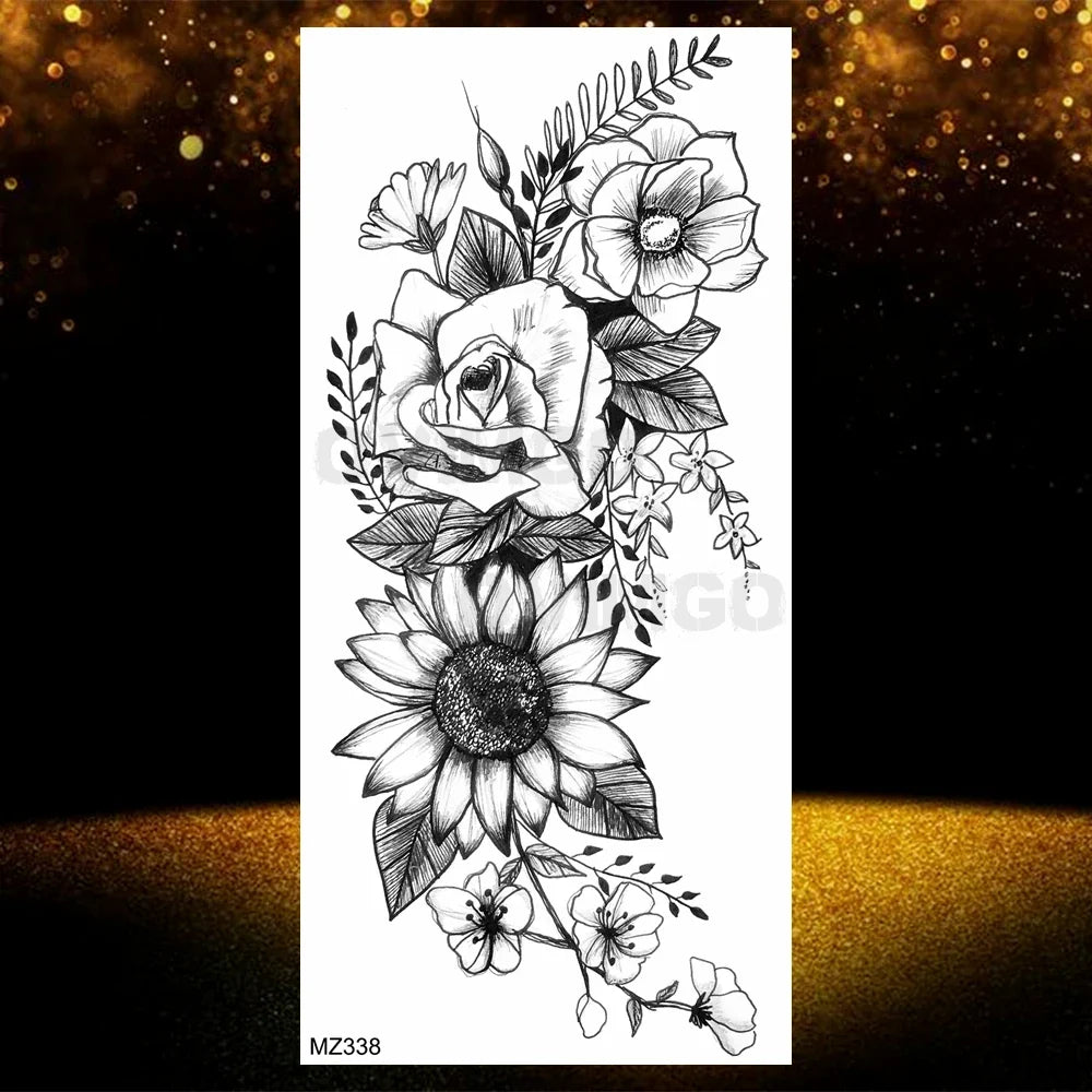 Realistic Black Rose Flower Temporary Tattoos Fake Waterproof Tatoo Body Art Arm Leg Floral Peony Bloosom Tattoo Stickers Makeup