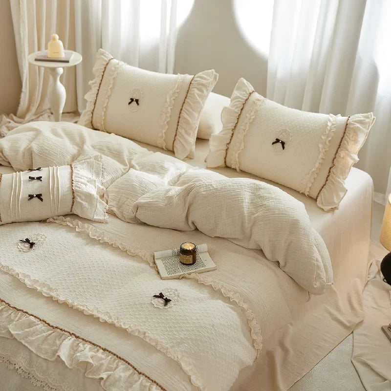Princess Style Lace Trim Cotton Linen 4Pcs Bedding Set, French High-End Linen Duvet Cover & Sheet Set, Machine Washable