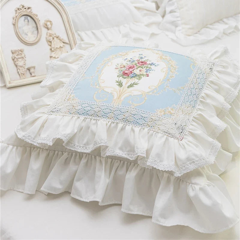 Blue Cotton Pillow Elegant French Lace Cushion Home Decoration Living Room Sofa Waist Pillow Vintage Rose Car Bed Square Cushion