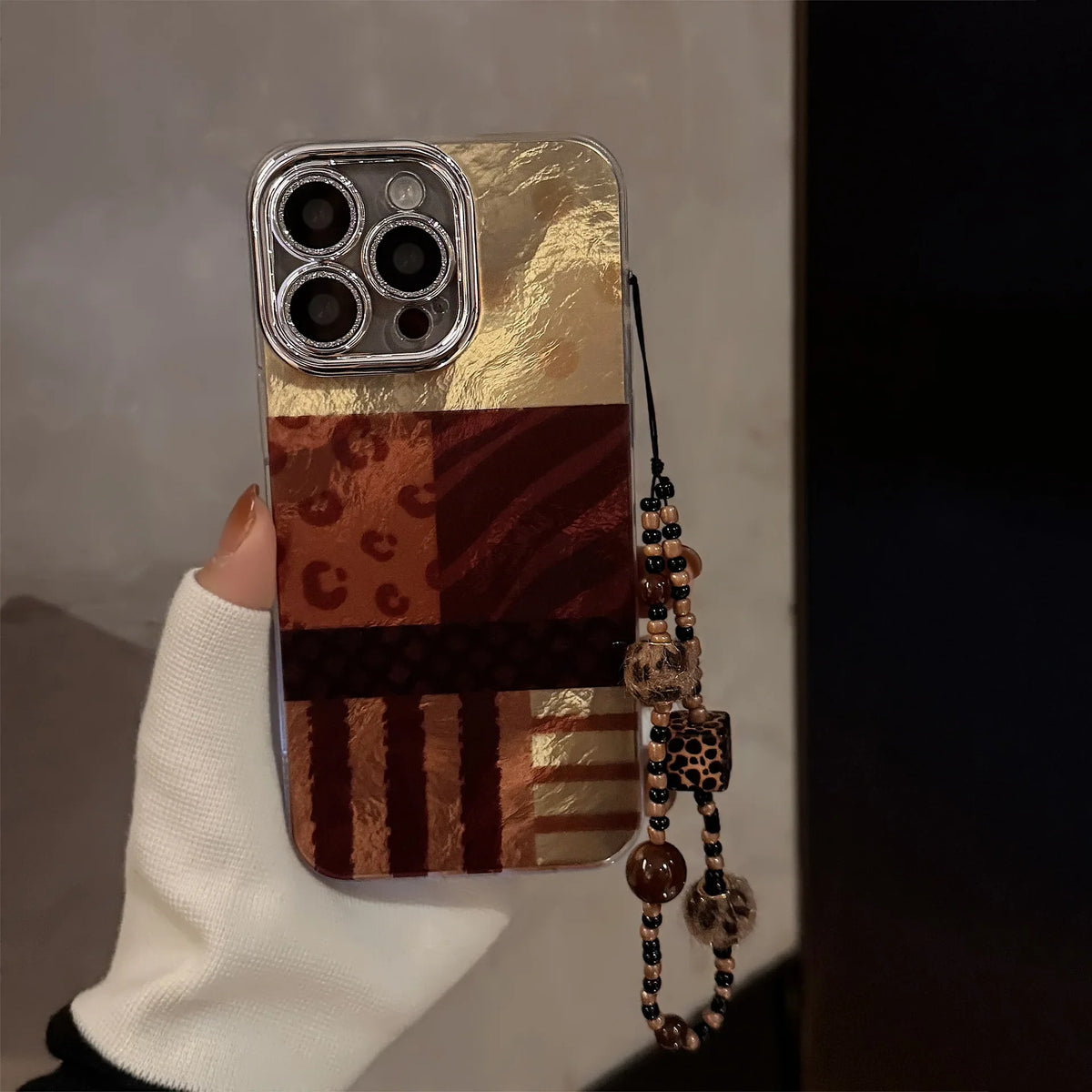 Ins Splicing Phone Case For iPhone 16e 15 14 13 12 11 Pro Max XR X XS 7 8 Plus Bracelet Chain Glitter Lens Film Shockproof Cover