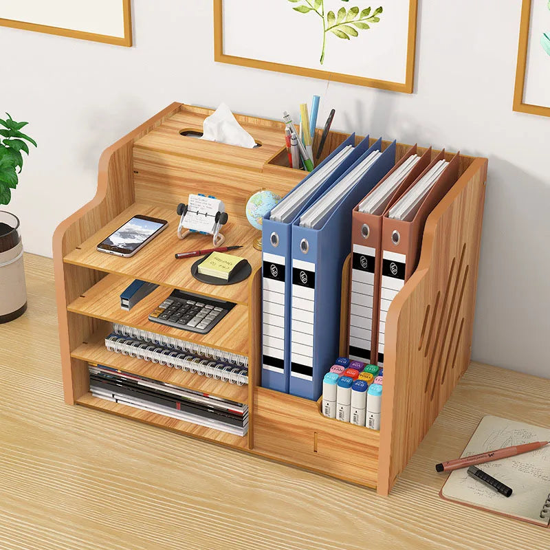 Wooden Desktop Organizer Desktop Storage Box Office Supplies Stackable File Holder with Pen Slot Key Hook Stationery Organizer