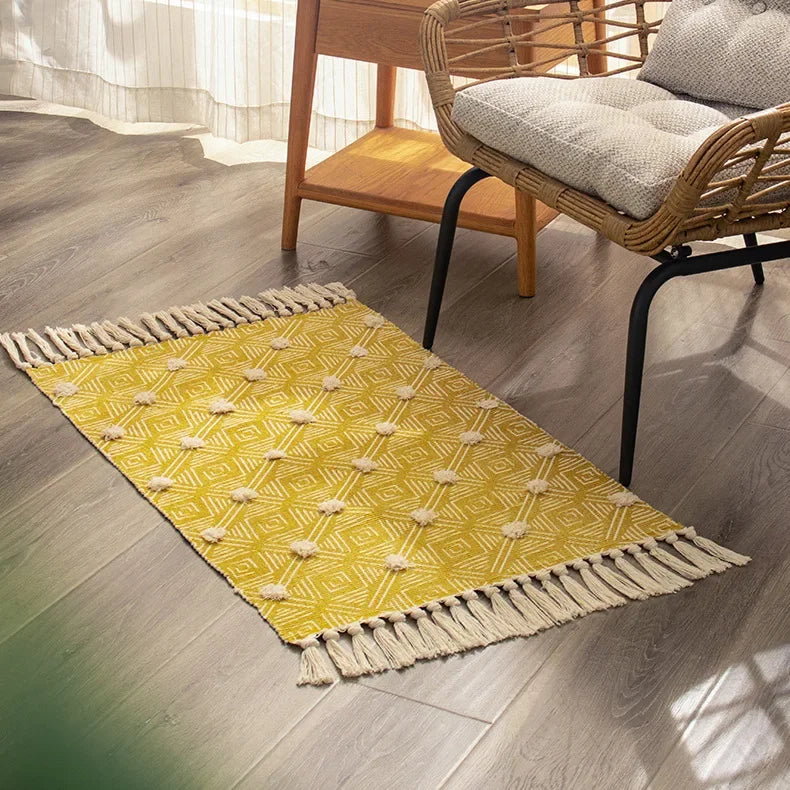 Cotton Linen Retro Rug Tapestry Home Decor Geometric Floor Mats for Bedroom Living Room Hand Woven Bohemian Tufted Tassel Carpet
