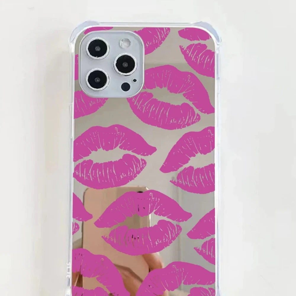 Korean Ins Full of Pink Lips Mirror Phone Case for iPhone 14 13 Pro Max Plus Back Cover for 12 11 Pro Max X XS Max 7 8 SE Capa