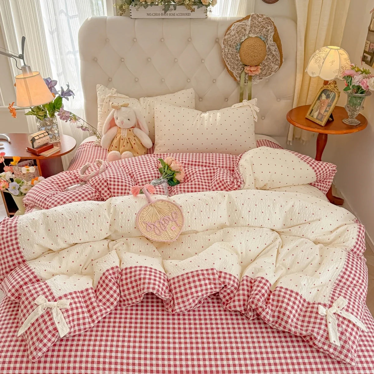 3/4Pcs Bedding Set Plaid Polka Dot Cotton Bedding Princess-Style For Home Double Bed Duvet Cover Bed Sheets With Pillowcase