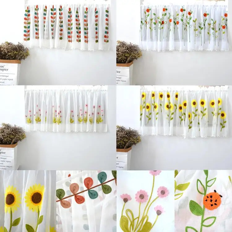 Embroidered Coffee Themed Door Curtain Half Curtain No Rod Included Country Style Bedroom Decorative Window Treatment