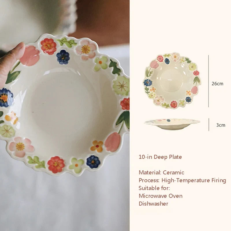 Cone Bowl Open Petal Side Bowl Kitchen Supplies Home Large Soup Bowl Restaurant Cute Flower Printing Tableware Dinner Plate