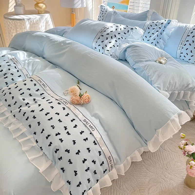 4Pcs Bedding Set Korean Princess-Style White Lace Duvet Cover Pillowcases And Ruffled Bed Skirt Couple Quilt King-Size Sheets