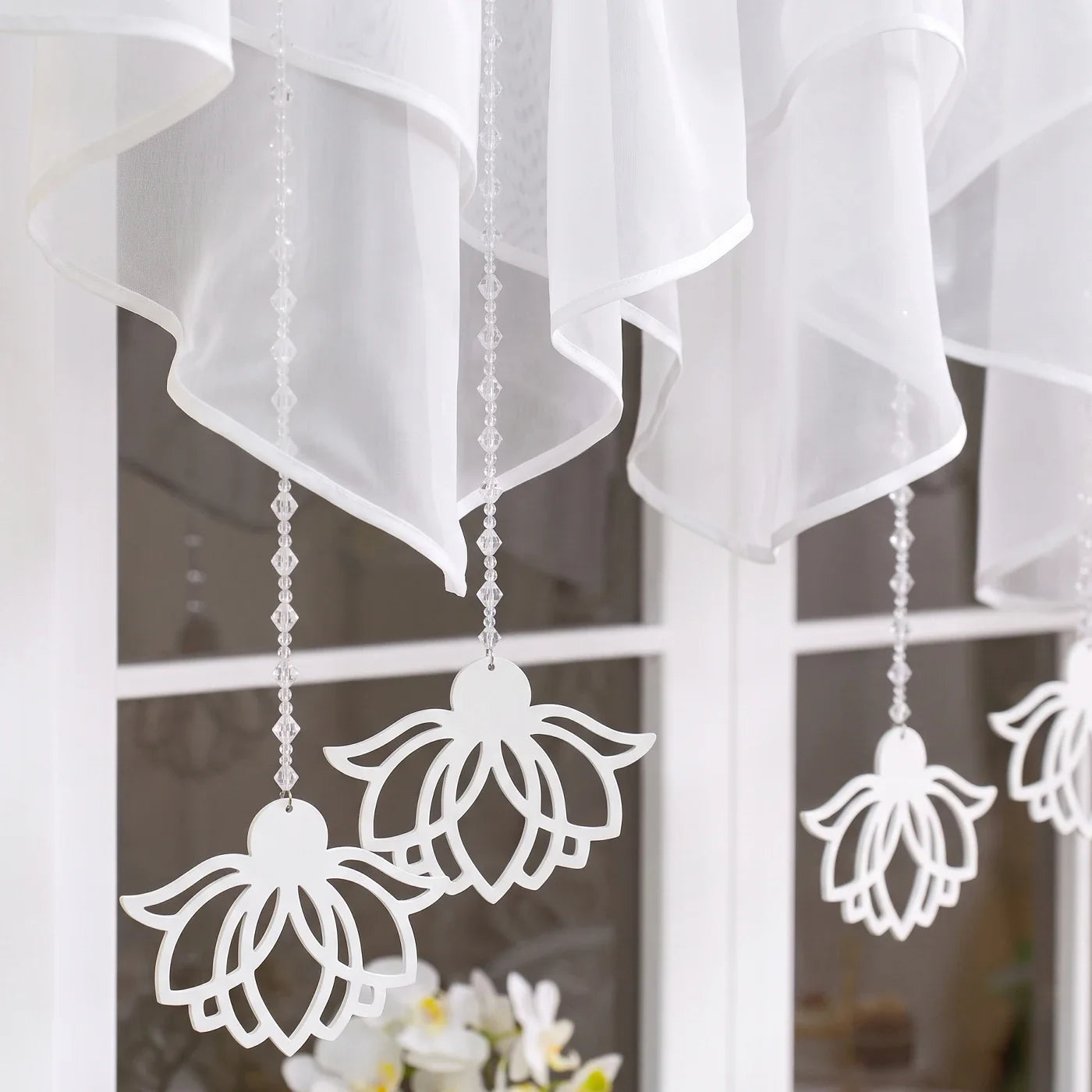 1PC Rod Pocket Sheer Curtain With Crystal Beads, Hollow Floral Pendants, 400×110cm, For Living Room, Lovely Housewarming Gift