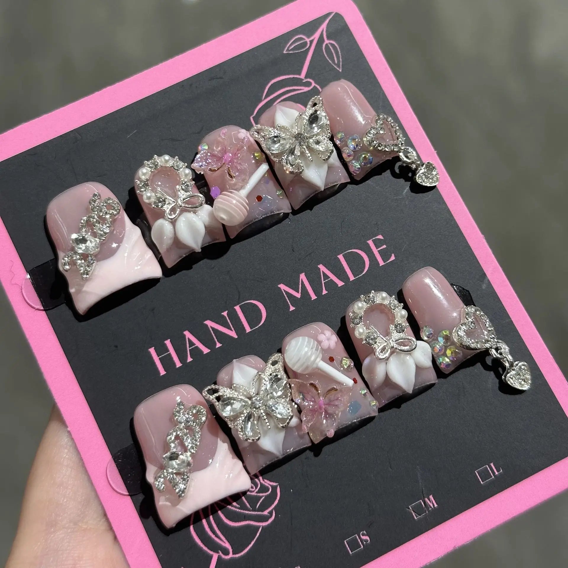 10pcs Ocean Style Fake Nails Duck Bill Press on Nails Set Handmade 3D Flowers Pearl Nail Art Gradient Blush French False Nails
