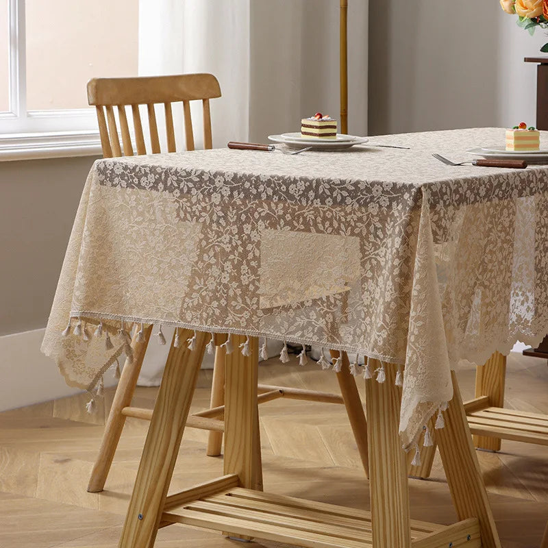 1pc  Elegant Lace Tablecloth with Tassels,Rural Fresh Jacquard Lace Tablecloth  Perfect for Dining & Parties,Family Gatherings