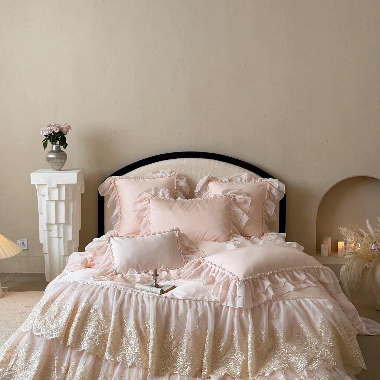 Lace Embroidery Bedding Set Luxury Pink Egyptian Cotton Princess Duvet Cover Bed Sheet Pillowcases Solid Color Bedclothes