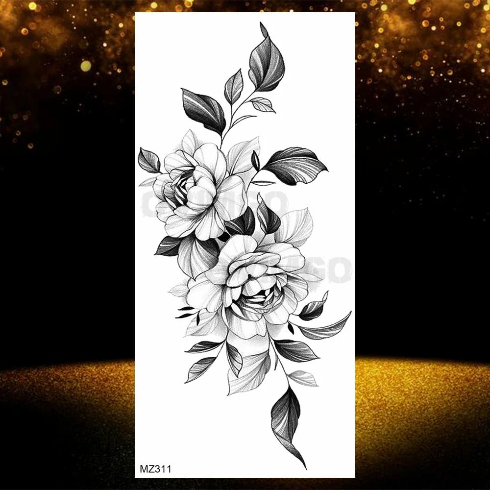 Realistic Black Rose Flower Temporary Tattoos Fake Waterproof Tatoo Body Art Arm Leg Floral Peony Bloosom Tattoo Stickers Makeup
