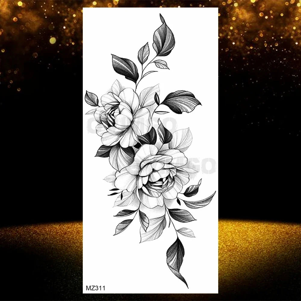Realistic Black Rose Flower Temporary Tattoos Fake Waterproof Tatoo Body Art Arm Leg Floral Peony Bloosom Tattoo Stickers Makeup