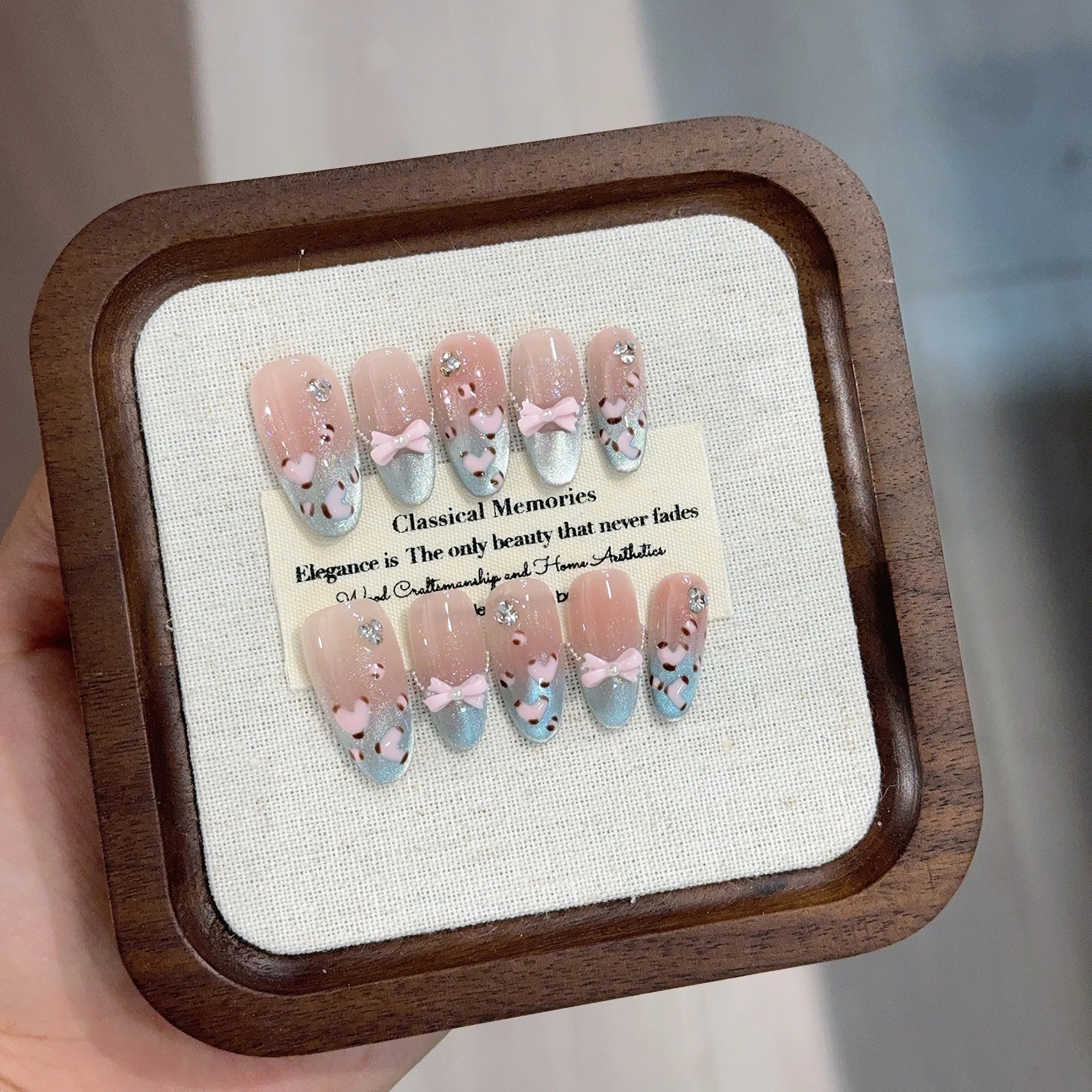 10Pcs Sweet  Almond Press on Nails Blue French Gradient Cat Eye False Nails Pink Bow Pearl Rhinestone Fake Nails for Daily Party