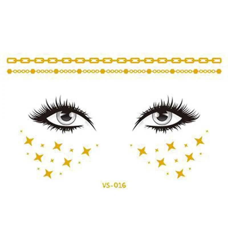 Glitter Stickers Face Tattoo Flash Gold Temporary Metalic Tattoos Waterproof Makeup Decals for Girls Party Music Festival