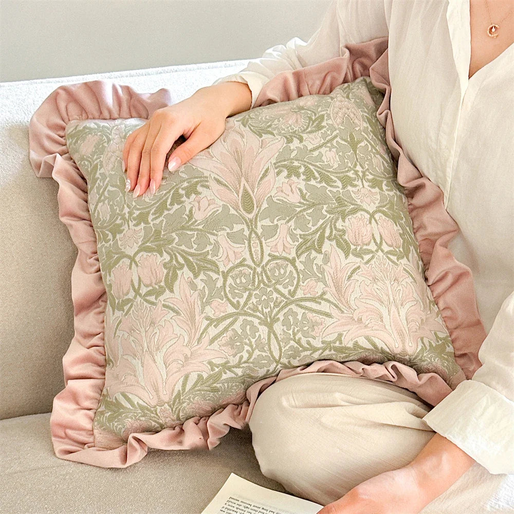 High End Home Ruffle Edge Pillow Cushion Bedroom Bedside Sofa Cushion Pillow Cover With Core Green And Pink Removable washable