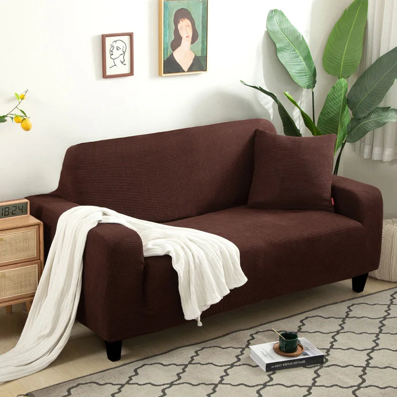 Solid Elastic Adjustable Sofa Cover,Non-slip Jacquard Corn Fleece Slipcover for Living Room Pet Anti-Scratch Dustproof Full Wrap