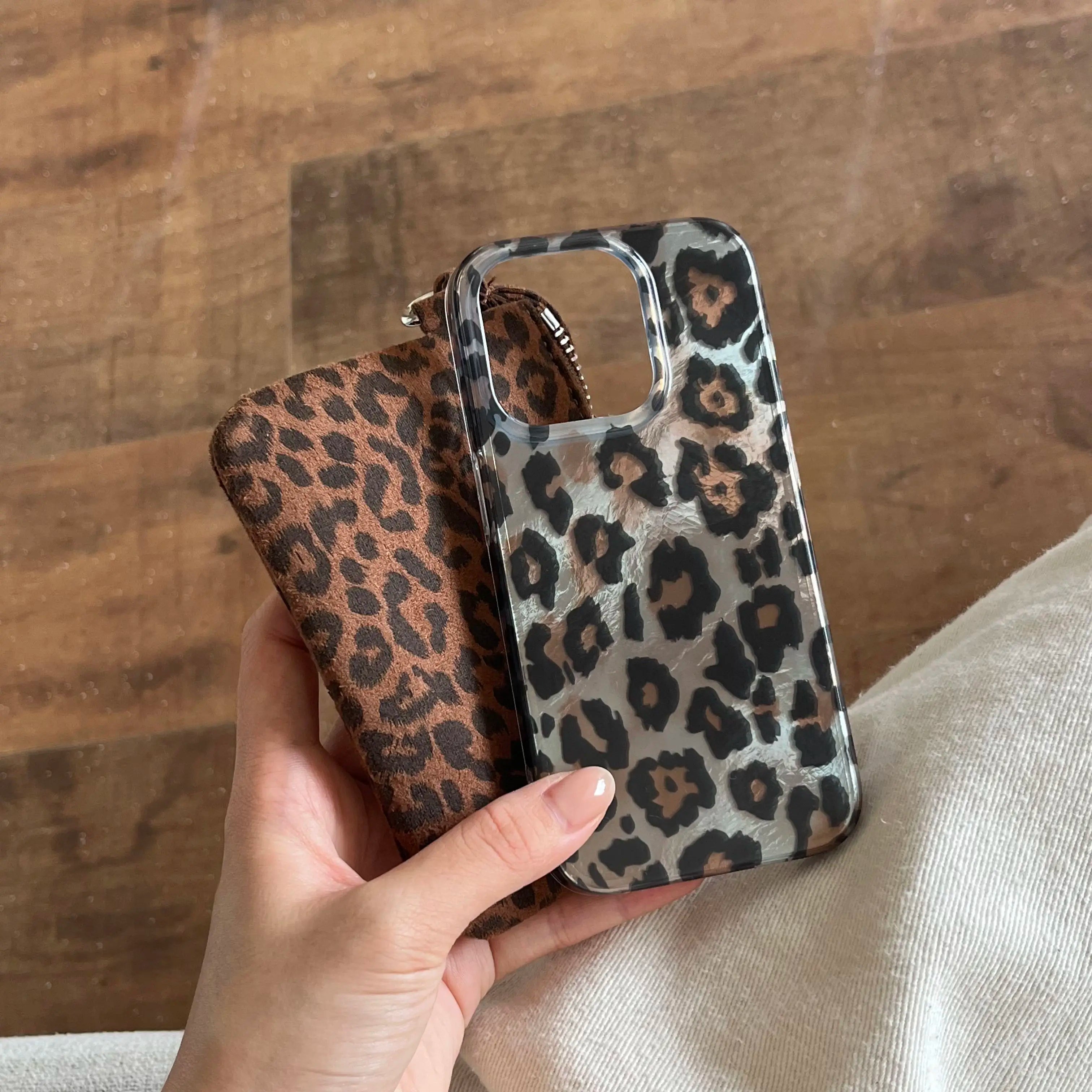 Korean INS Grey Leopard Prints Double Layers IMD Fashionable Phone Case for iPhone 16 15 14 13 Pro Max Back Phone Cover Capa