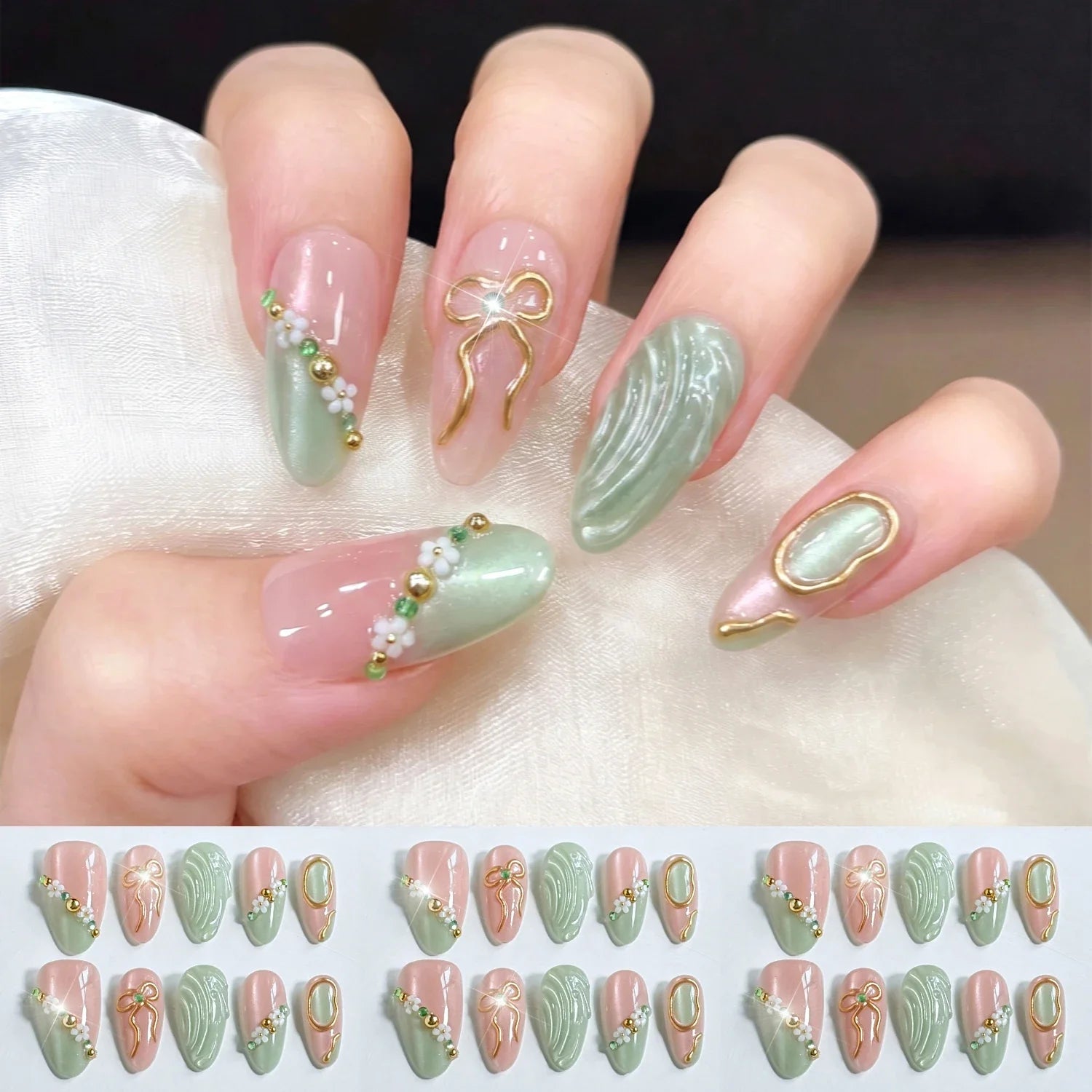 10pcs Pink Green Cat Eye Almomd Press On Nails 3D Gold Bow Bead Mini Flower Gradient False Nail Tips Full Cover Nail Extensions