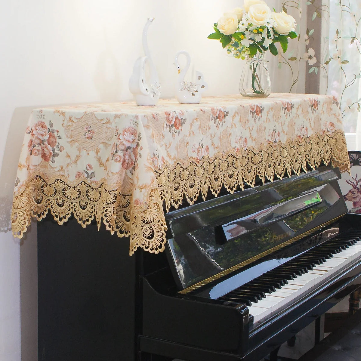 Japanese Sle Semi-Cover Piano Dust Cover Cloth Bench Cover Lightweight Luxury Lace Piano Lid Curtain Home Fabric Protection