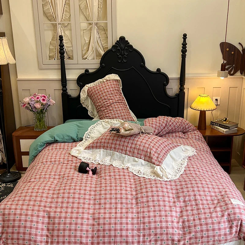 Vintage Plaid Pure Cotton double-layer yarn four-piece set French lace Bedding Set Duvet Cover Pillowcases Flat/Fitted Bed Sheet