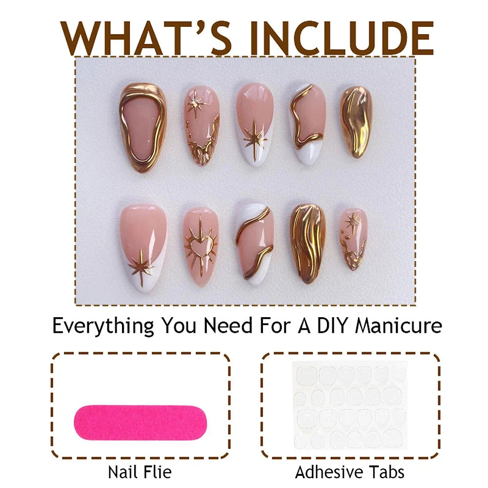 10pcs XS-S-M Size Luxury French Almond Press On Nails Metallic Gold Star Heart Wave Lines False Nails Reusable Acrylic Nail Tips