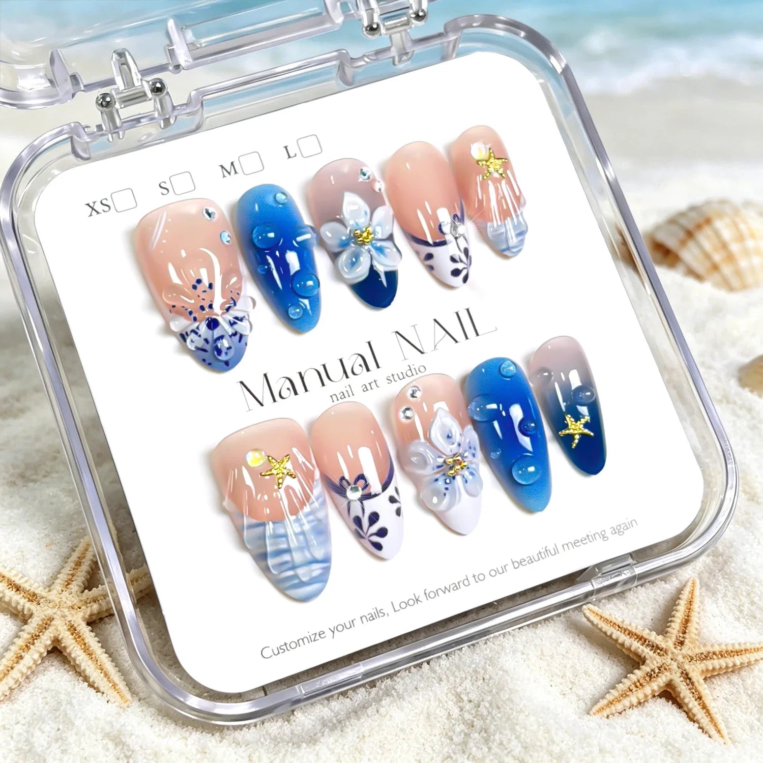 10pcs Blue Gradient French Almond Shaped False Nails 3D Flowers Shell Bubble Design  Press on Nails Wearable False Nails Tips