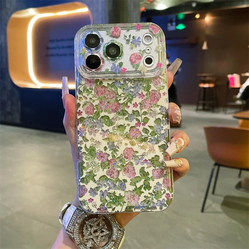 Korean Full Screen Colorful Flowers Glitter Pattern Phone Case for iPhone 17 16 15 14 Pro Max Shockproof Protective Cover