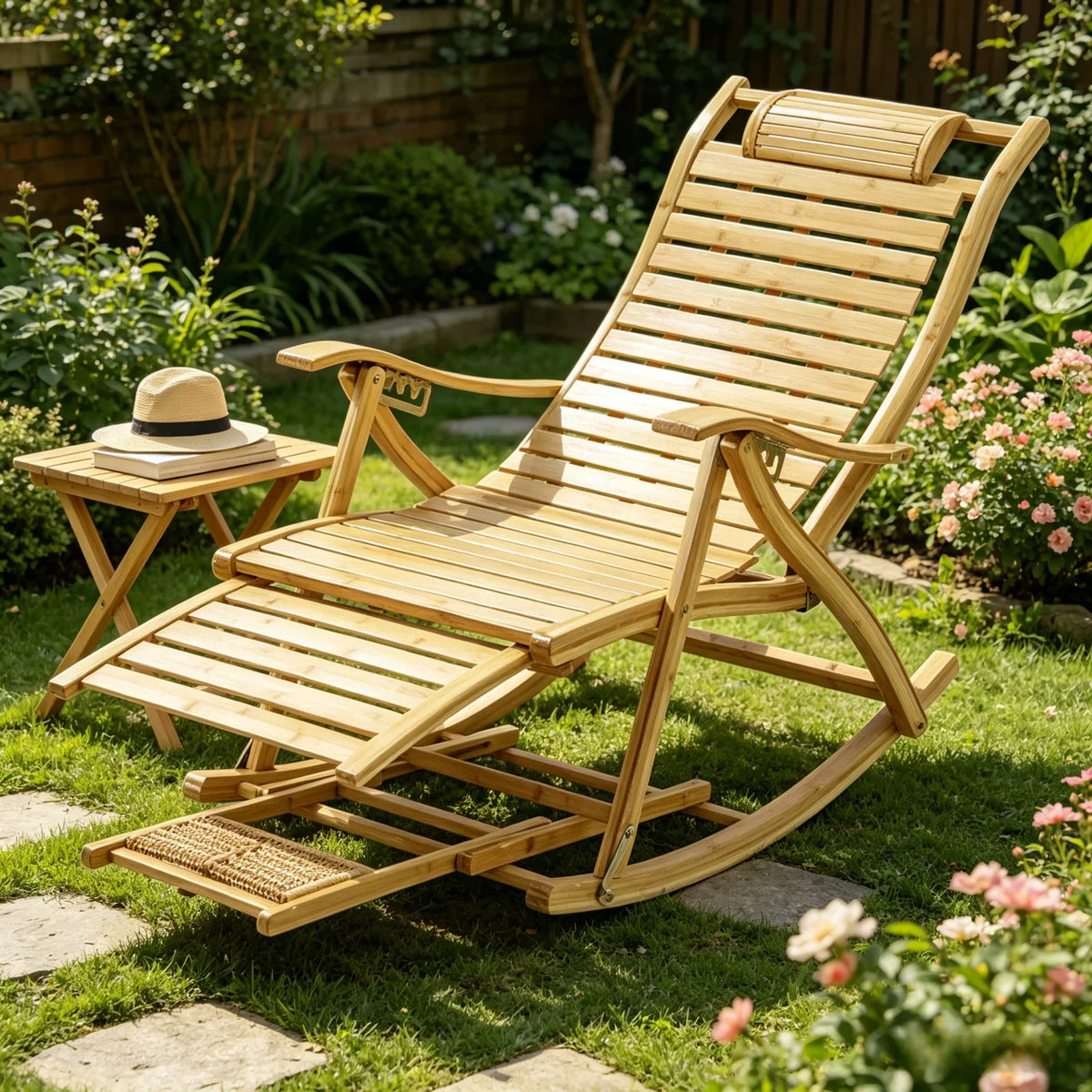 Folding Bamboo Roacking Chair Bamboo for Living Room, Bedroom, Backyard,Indoor Outdoor Furniture Adjustable Sun Lounger Chairs