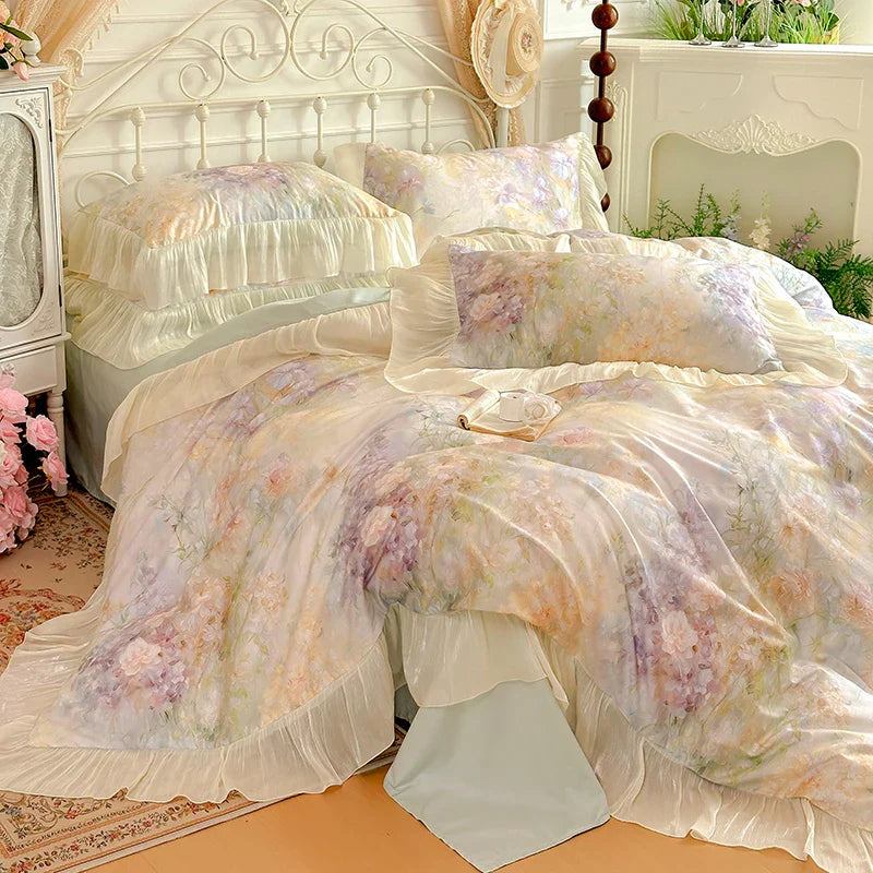 France Lace Princess Bedding Set Luxury Pink Egyptian Cotton Flowers Duvet Cover Sets Fitted Bed Sheet Pillowcases Home Textile