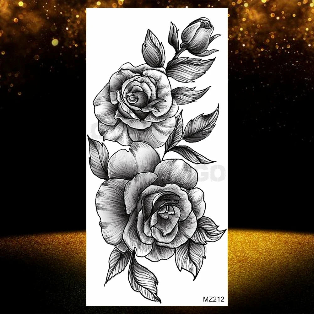 Realistic Black Rose Flower Temporary Tattoos Fake Waterproof Tatoo Body Art Arm Leg Floral Peony Bloosom Tattoo Stickers Makeup