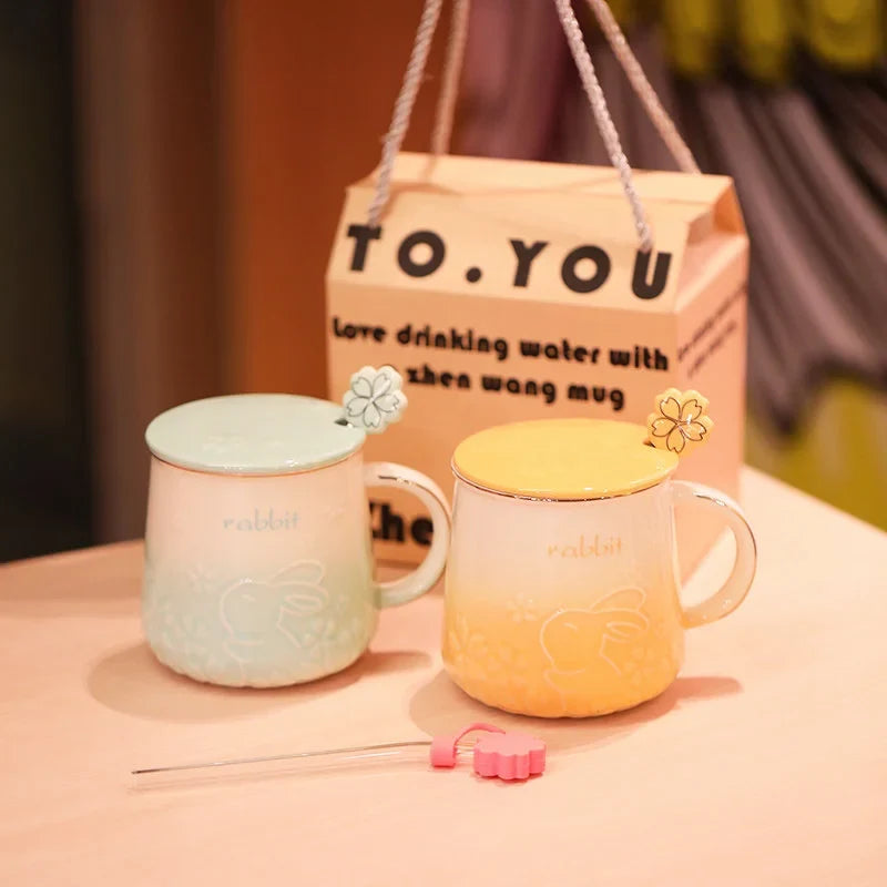 Cute Style High-Temperature Firing Manual Ceramic Mug With Lid And Spoon Set Tableware Underglaze Colour Large Capacity 400ml