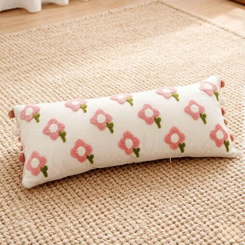 90x35cm Floral Tufted Cushion Cover Soft Plush Throw Pillow Pink Green Home Decor Sofa Bedroom