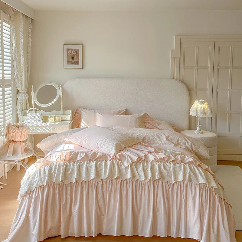 Luxury Princess Style Pink 100% Cotton Bedding Set Ruffles Bed Cover Set Soft Comforter Cover Set Bed Sheet Pillowcases 4Pcs