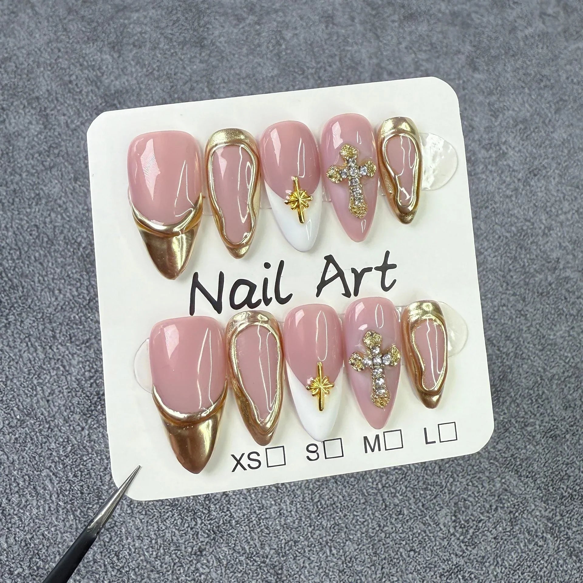 10Pcs French Press on Nails Almond Handmade Fake Nails Gradient Diamond Pearl False Nails Set Vintage Acrylic Nail Art for Girls
