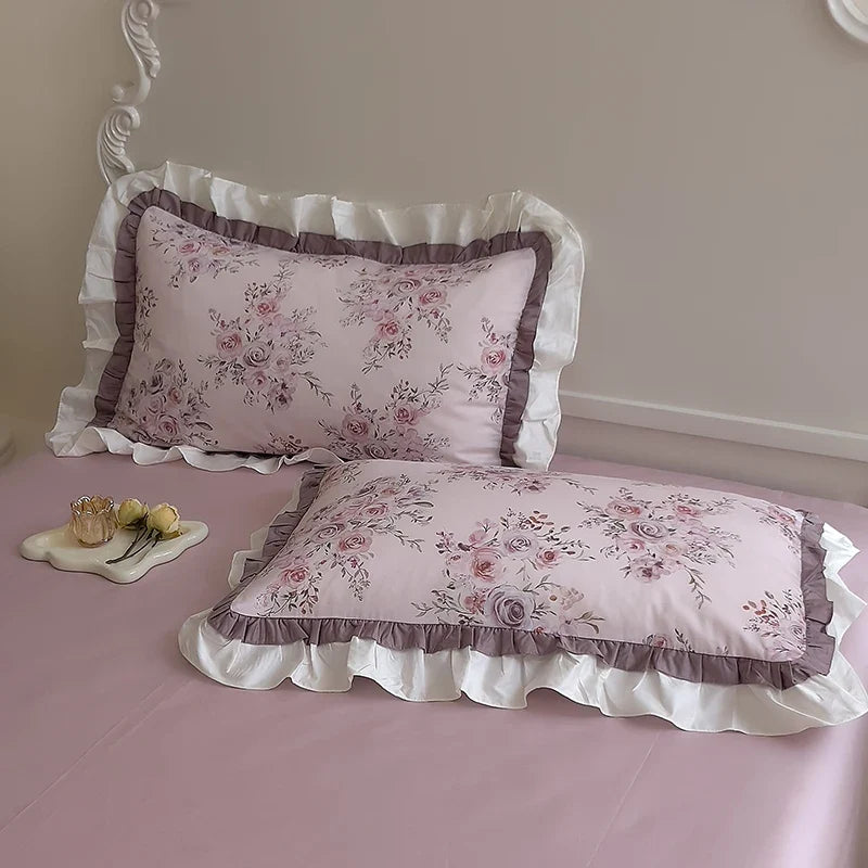 500TC Egyptian Cotton Vintage French Rose Flowers Print Ruffles Bedding Set Duvet Cover Flat/Fitted Bed Sheet Pillowcases 4Pcs