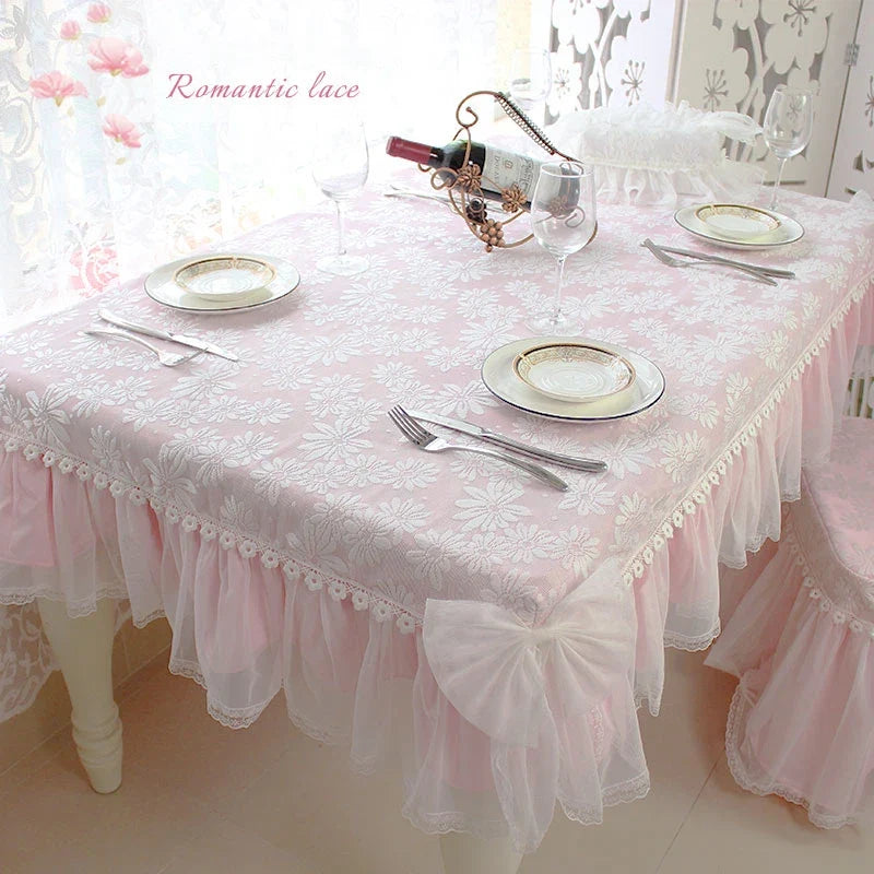 Korean Lace Tablecloth Garden Fresh Pink Bow Home Diningtable Cloth Rectangular European Wedding Decor Cloth