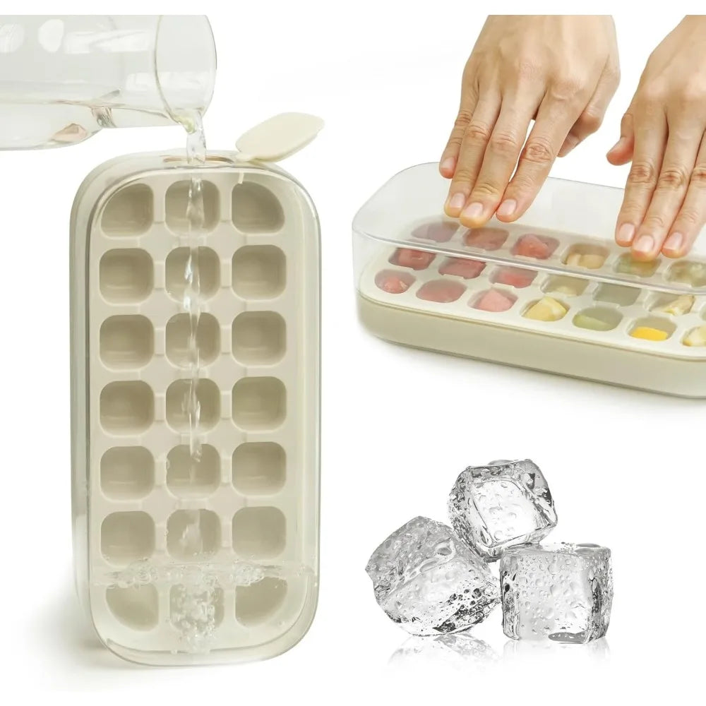 New Ice Cube Tray with Lid and Bin 21 Pcs Quick-Fill No-Touch Ice Cube Mold for Summer DIY Freezer Cocktail Tea Whisky Ice Box