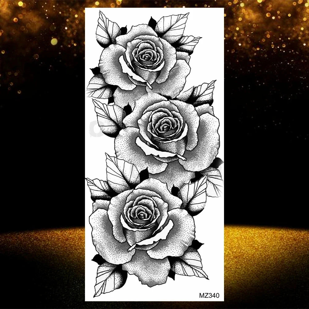 Realistic Black Rose Flower Temporary Tattoos Fake Waterproof Tatoo Body Art Arm Leg Floral Peony Bloosom Tattoo Stickers Makeup